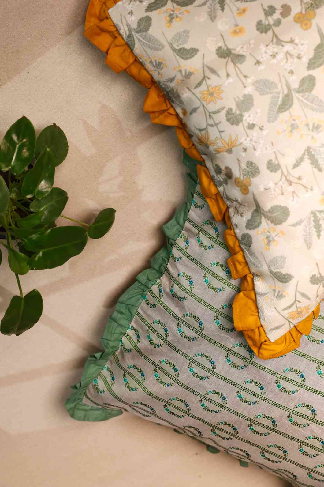 Golden Petals – Floral Print Cotton Cushion