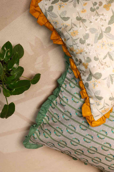 Golden Petals – Floral Print Cotton Cushion