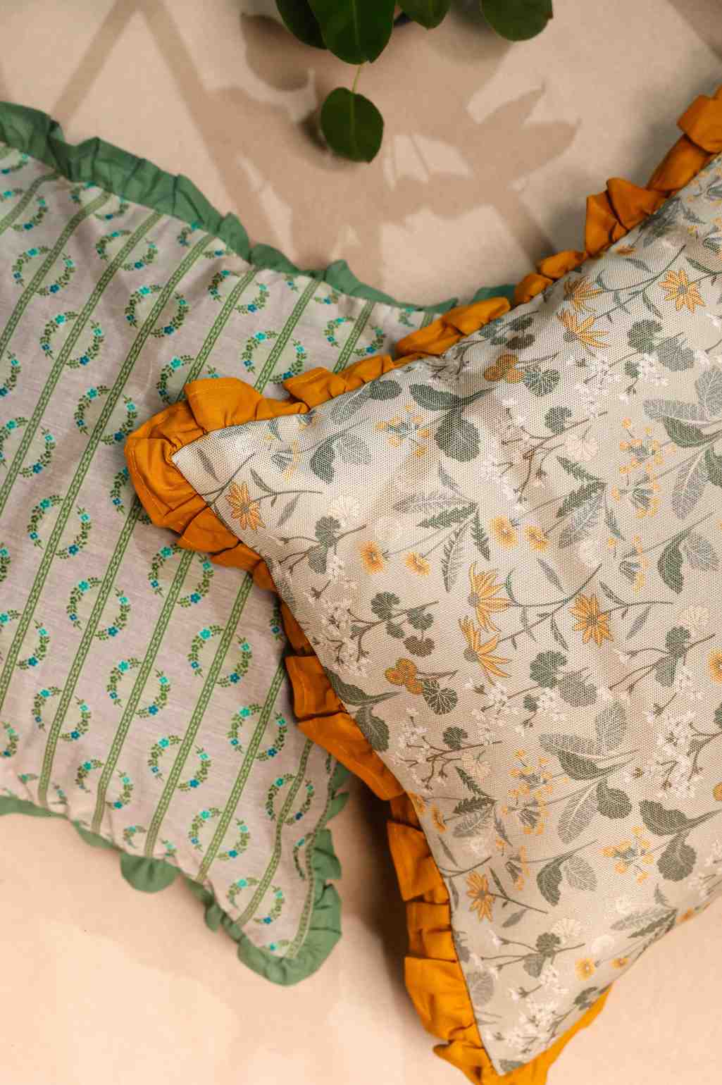 Golden Petals – Floral Print Cotton Cushion