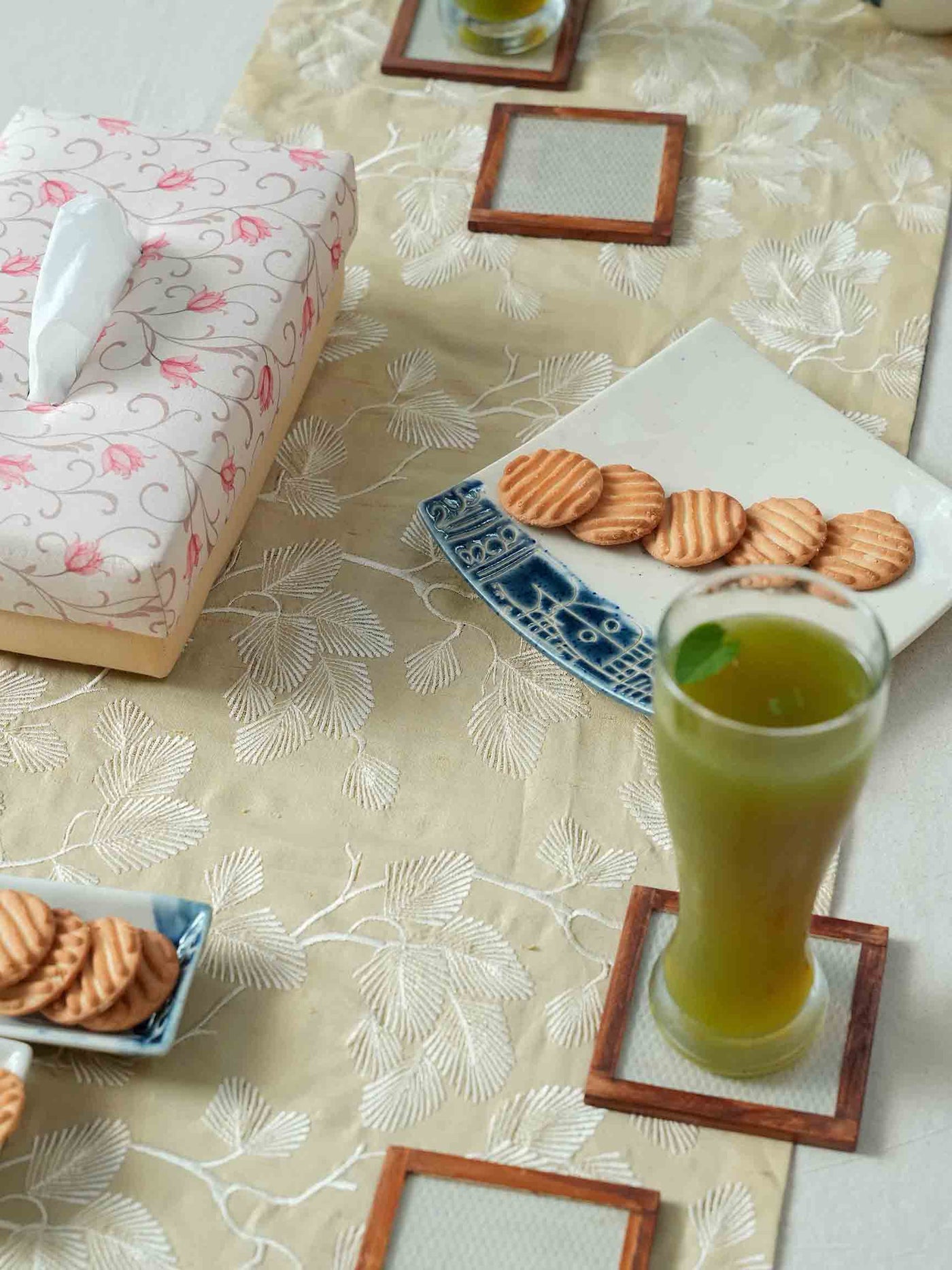 Elegant Tissue Box with Floral Coaster Set and Runner