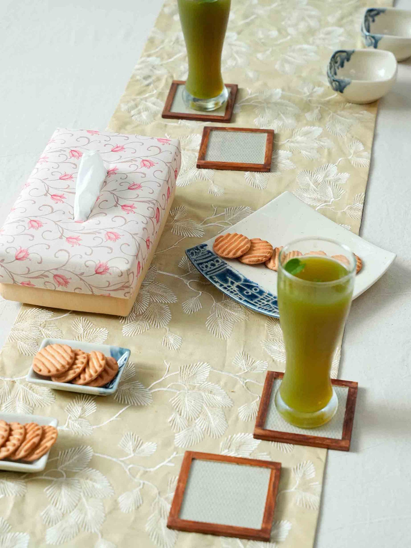 Elegant Tissue Box with Floral Coaster Set and Runner