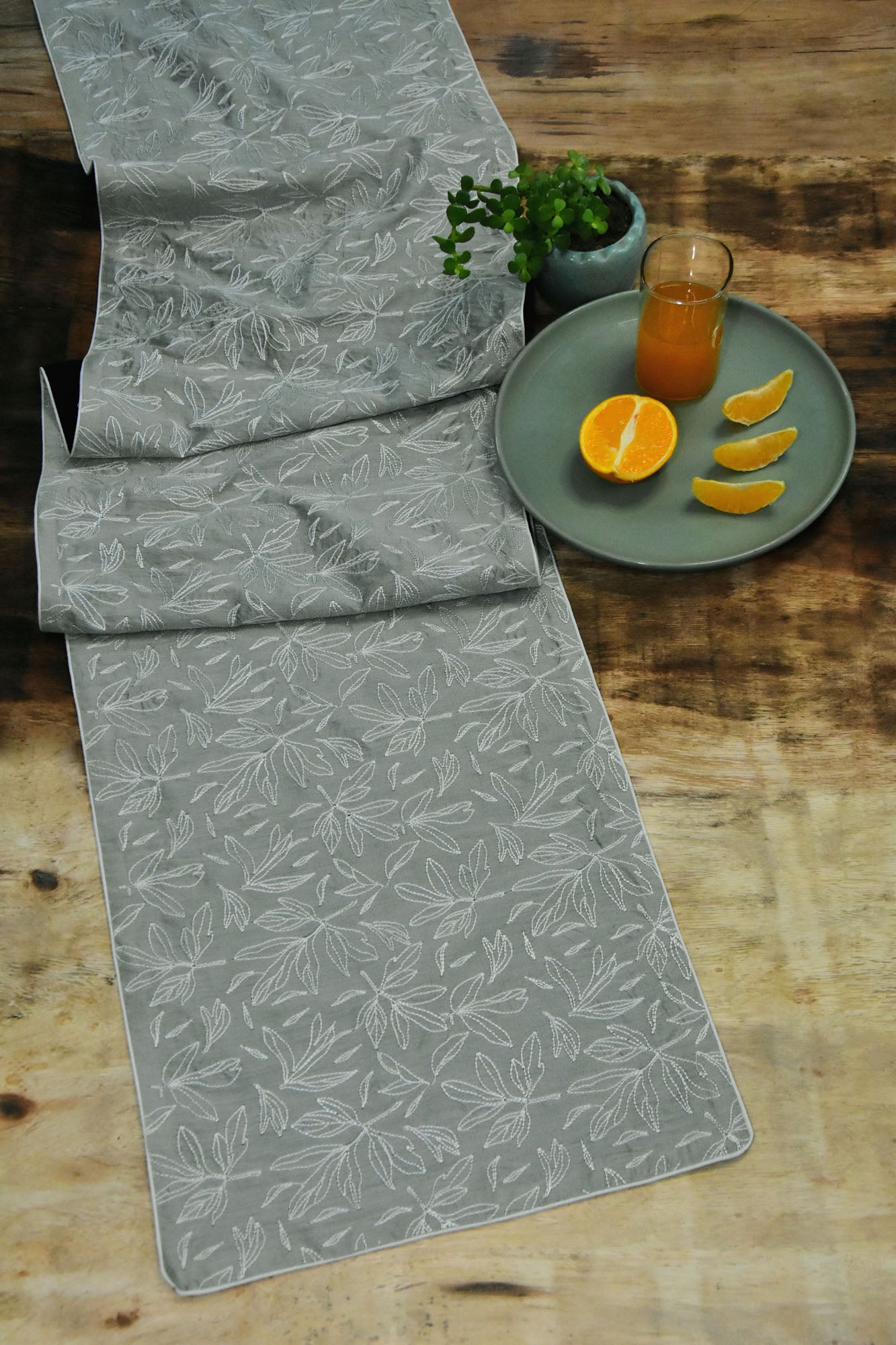 Grey Leaf-Print Table Runner