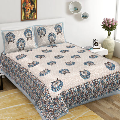 Floral Pattern Cotton Printed Double Bed Sheet With 2 Pillow Covers