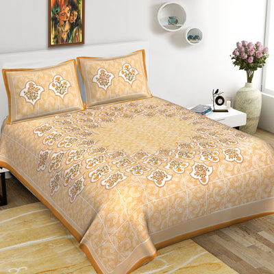 Yellow Cotton Printed Double Bed Sheet With 2 Pillow Covers