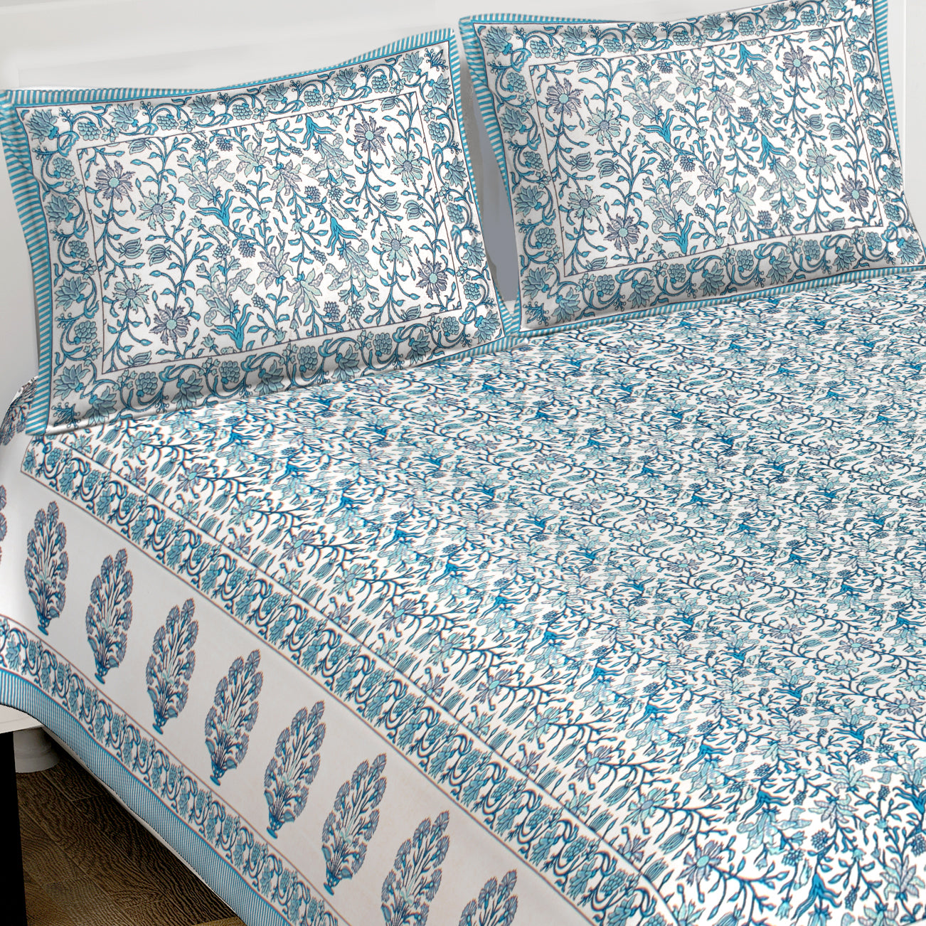 Floret Cotton Printed Double Bed Sheet With 2 Pillow Covers