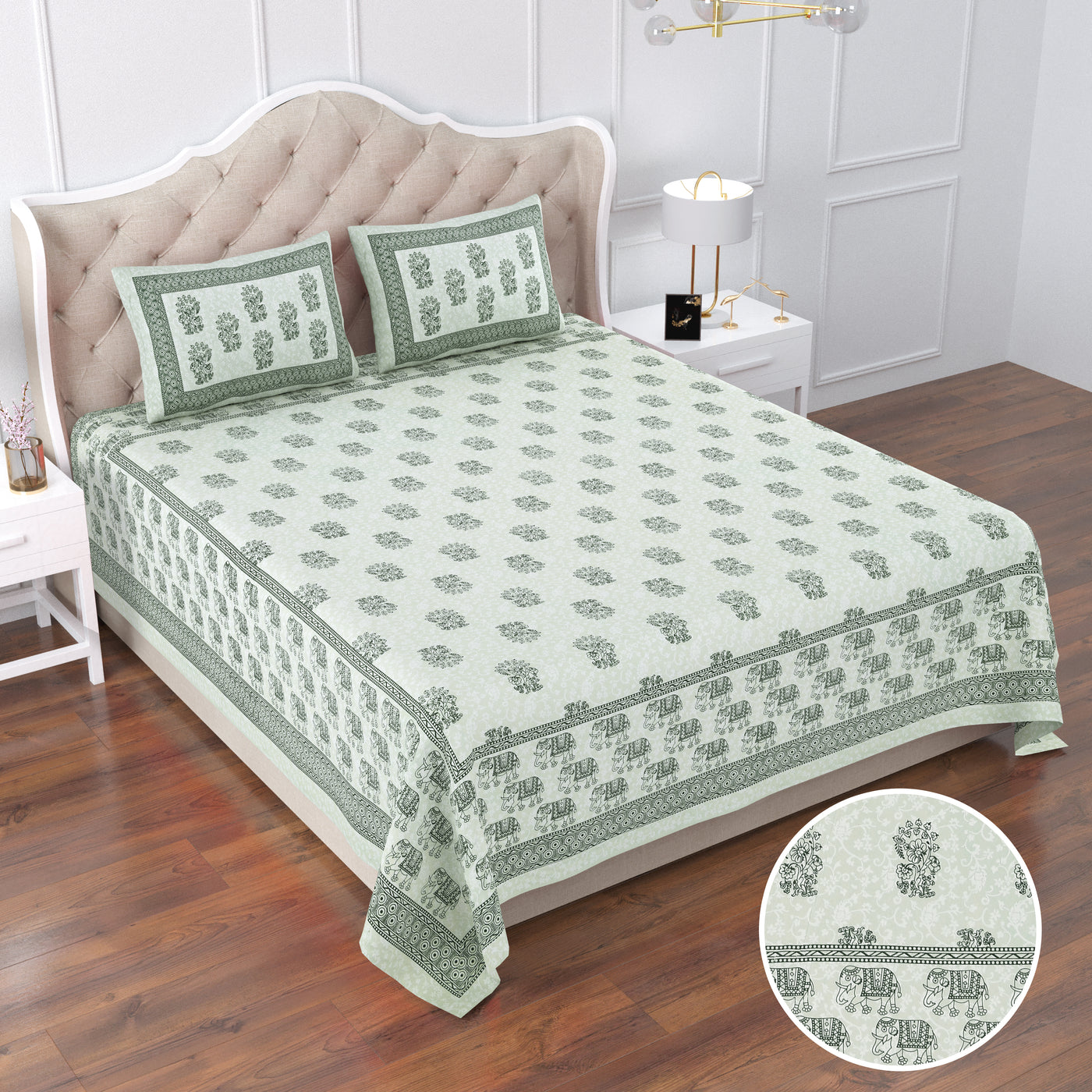 Green Cotton Printed Double Bed Sheet With 2 Pillow Covers