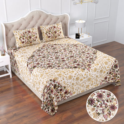 Flowery Cotton Printed Double Bed Sheet With 2 Pillow Covers