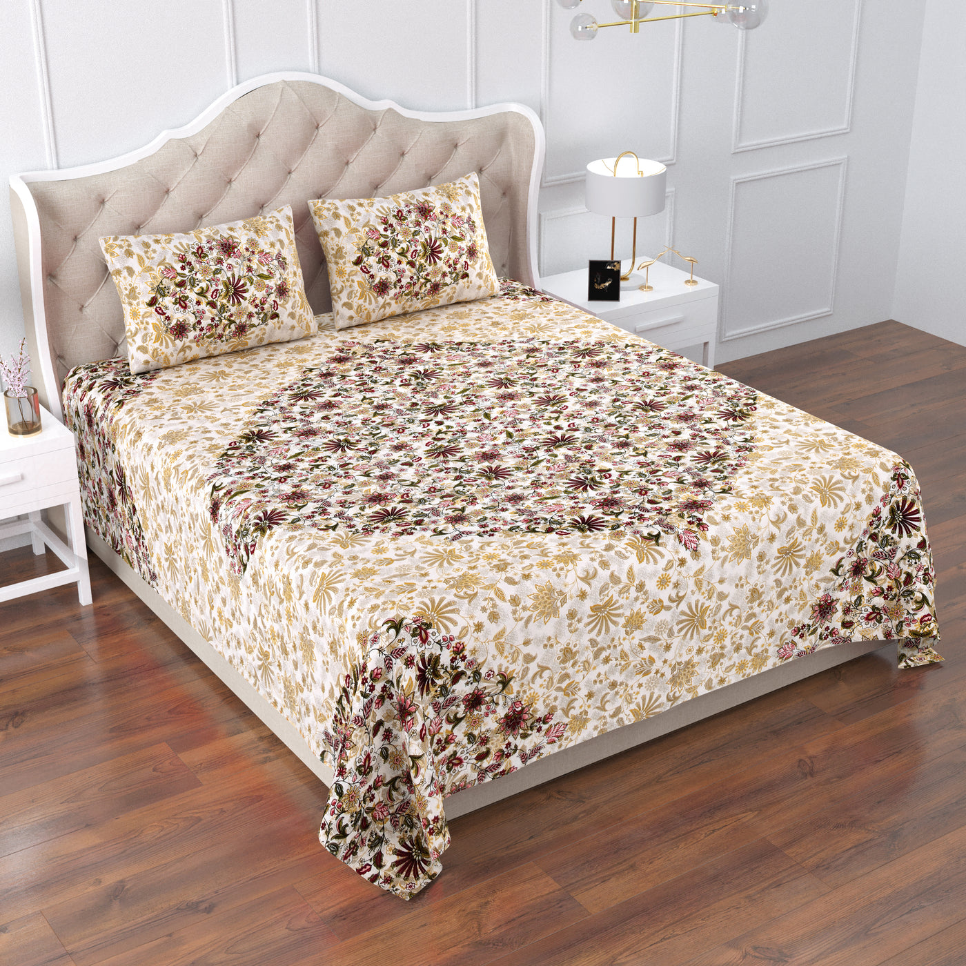 Flowery Cotton Printed Double Bed Sheet With 2 Pillow Covers