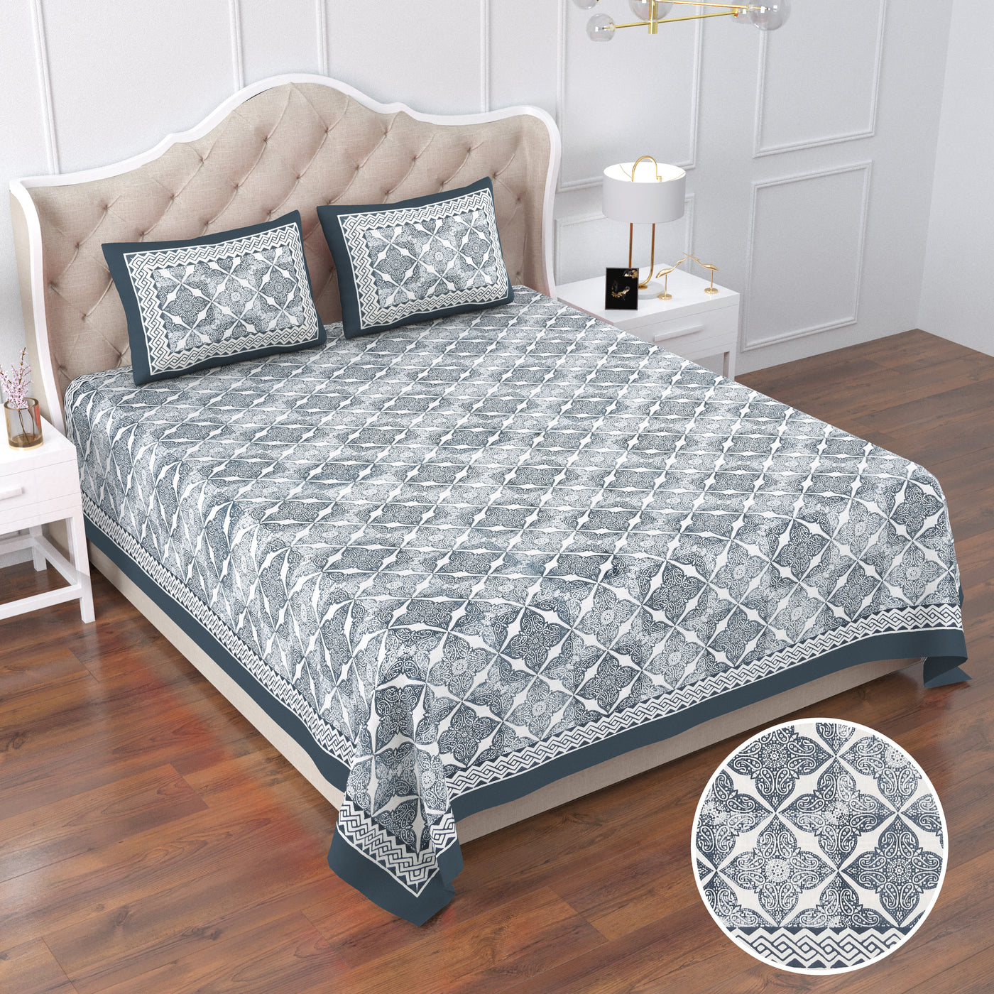 Teal Blue Cotton Printed Double Bed Sheet With 2 Pillow Covers
