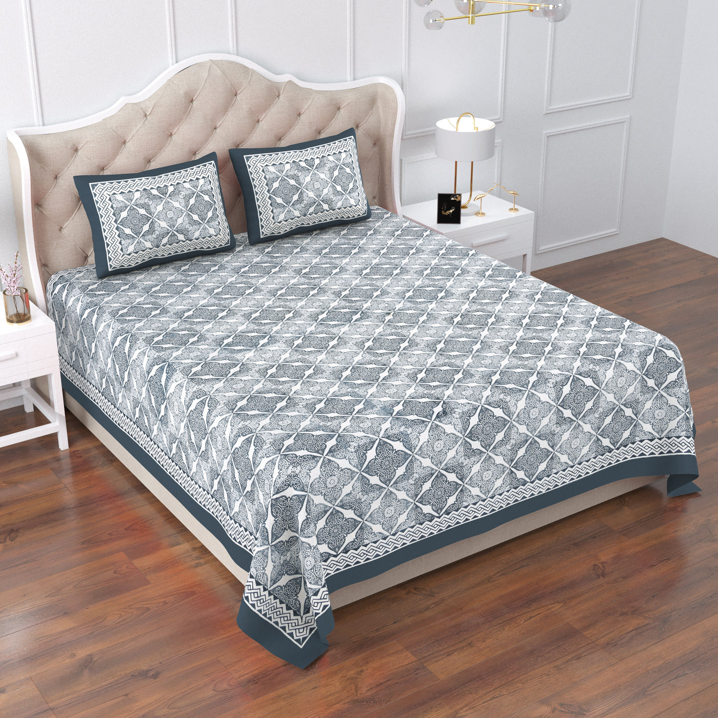 Teal Blue Cotton Printed Double Bed Sheet With 2 Pillow Covers