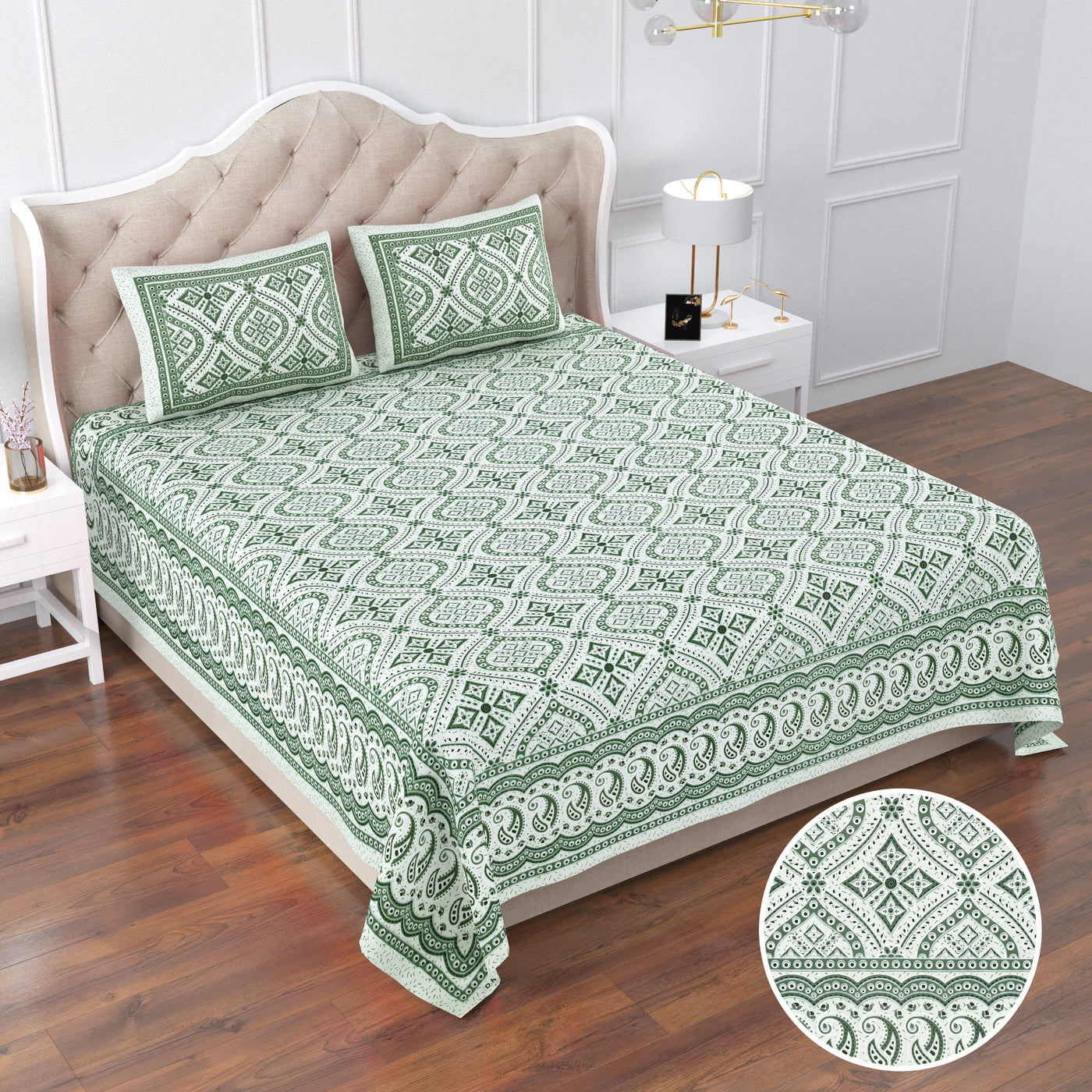 Greeny Grass Cotton Printed Double Bed Sheet With 2 Pillow Covers