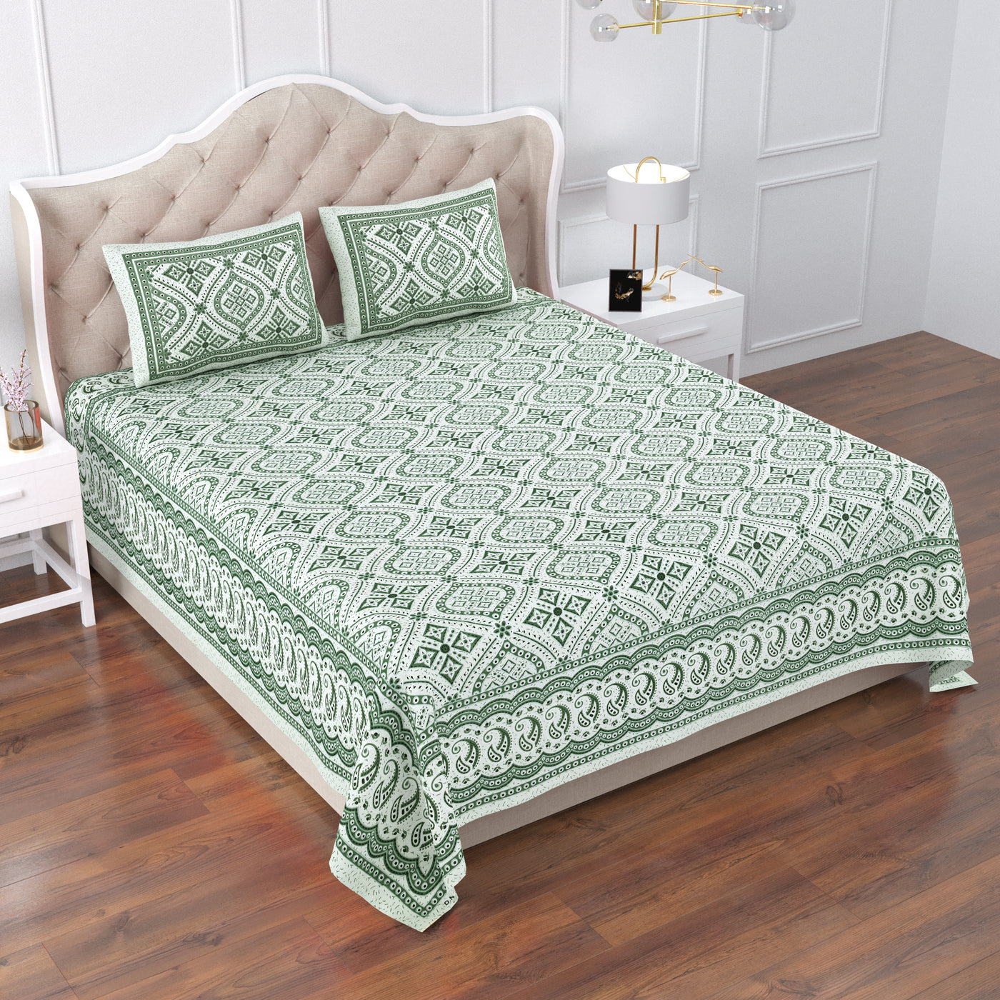 Greeny Grass Cotton Printed Double Bed Sheet With 2 Pillow Covers