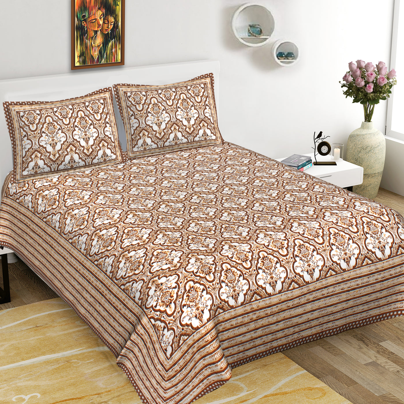 Bronze Cotton Printed Double Bed Sheet With 2 Pillow Covers