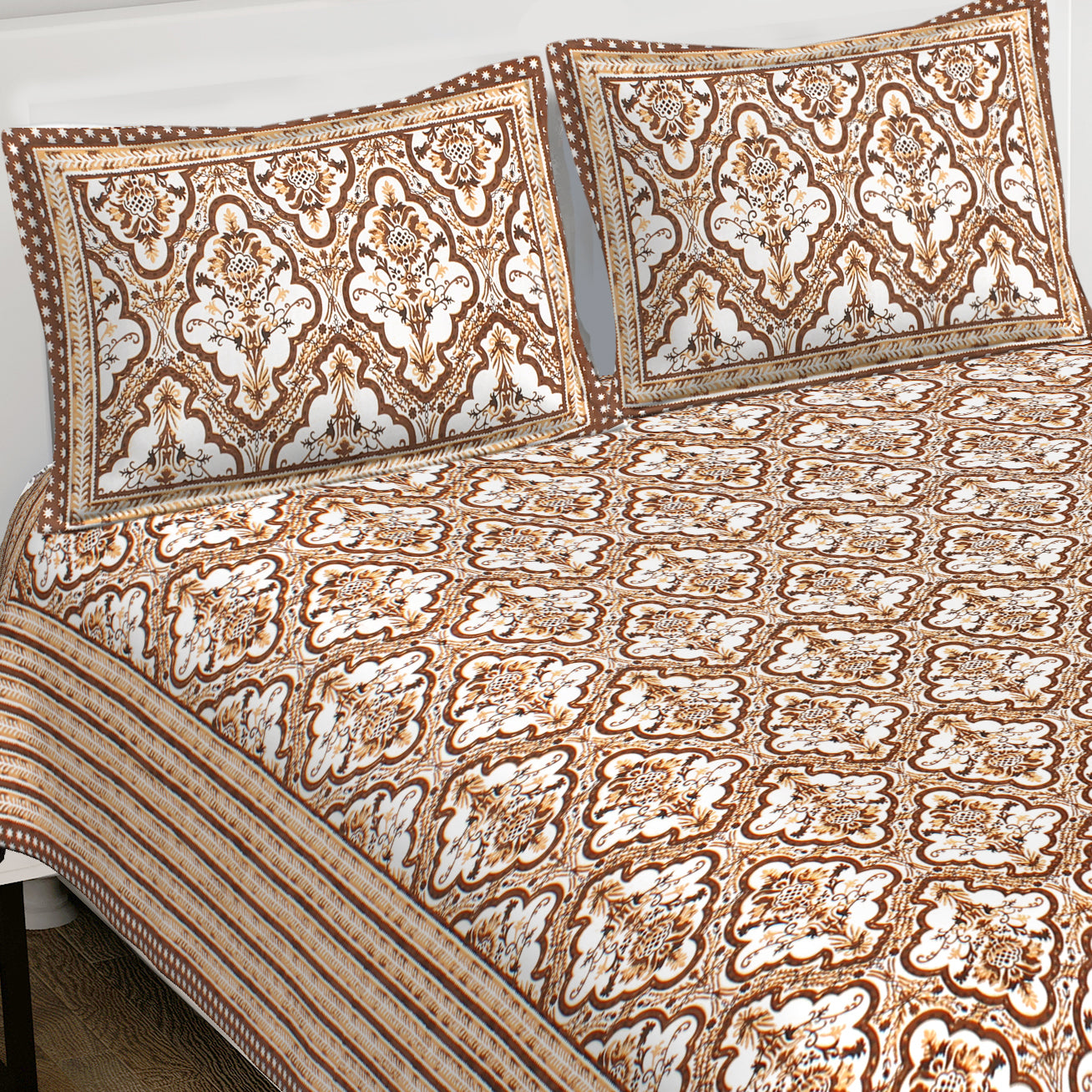 Bronze Cotton Printed Double Bed Sheet With 2 Pillow Covers