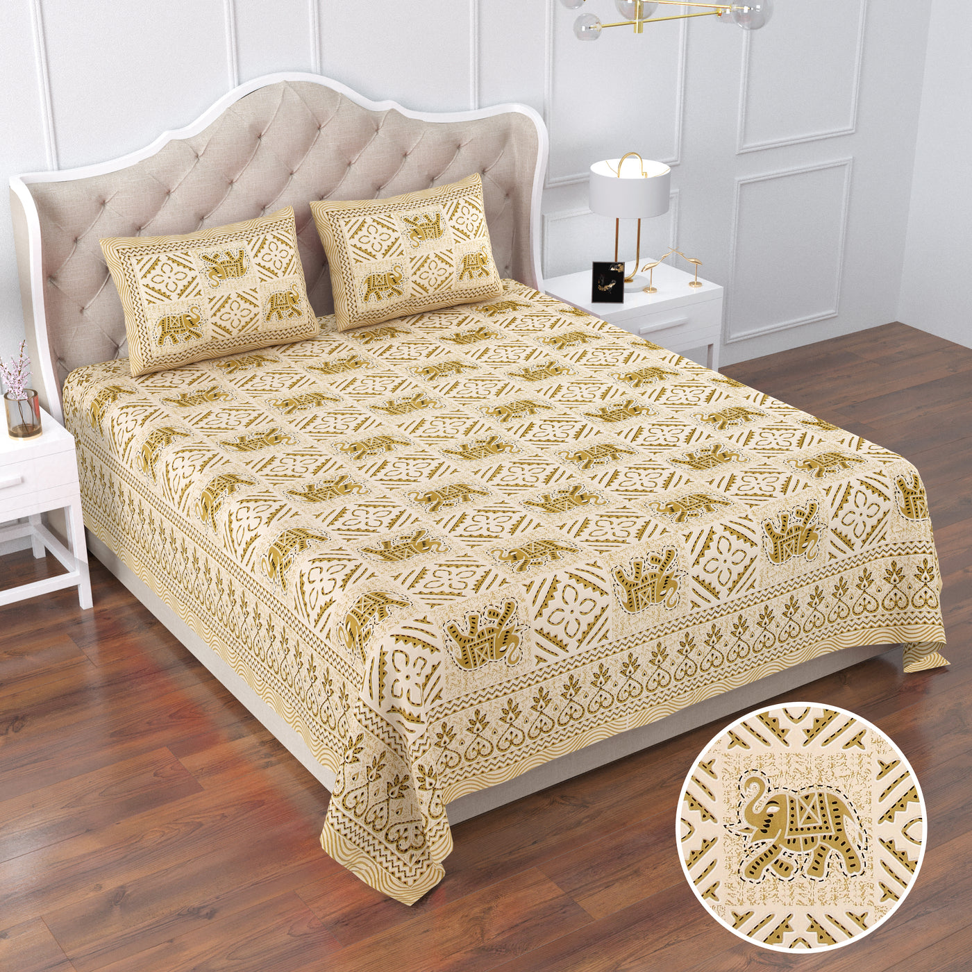 Mustard Cotton Printed Double Bed Cover With 2 Pillow Covers