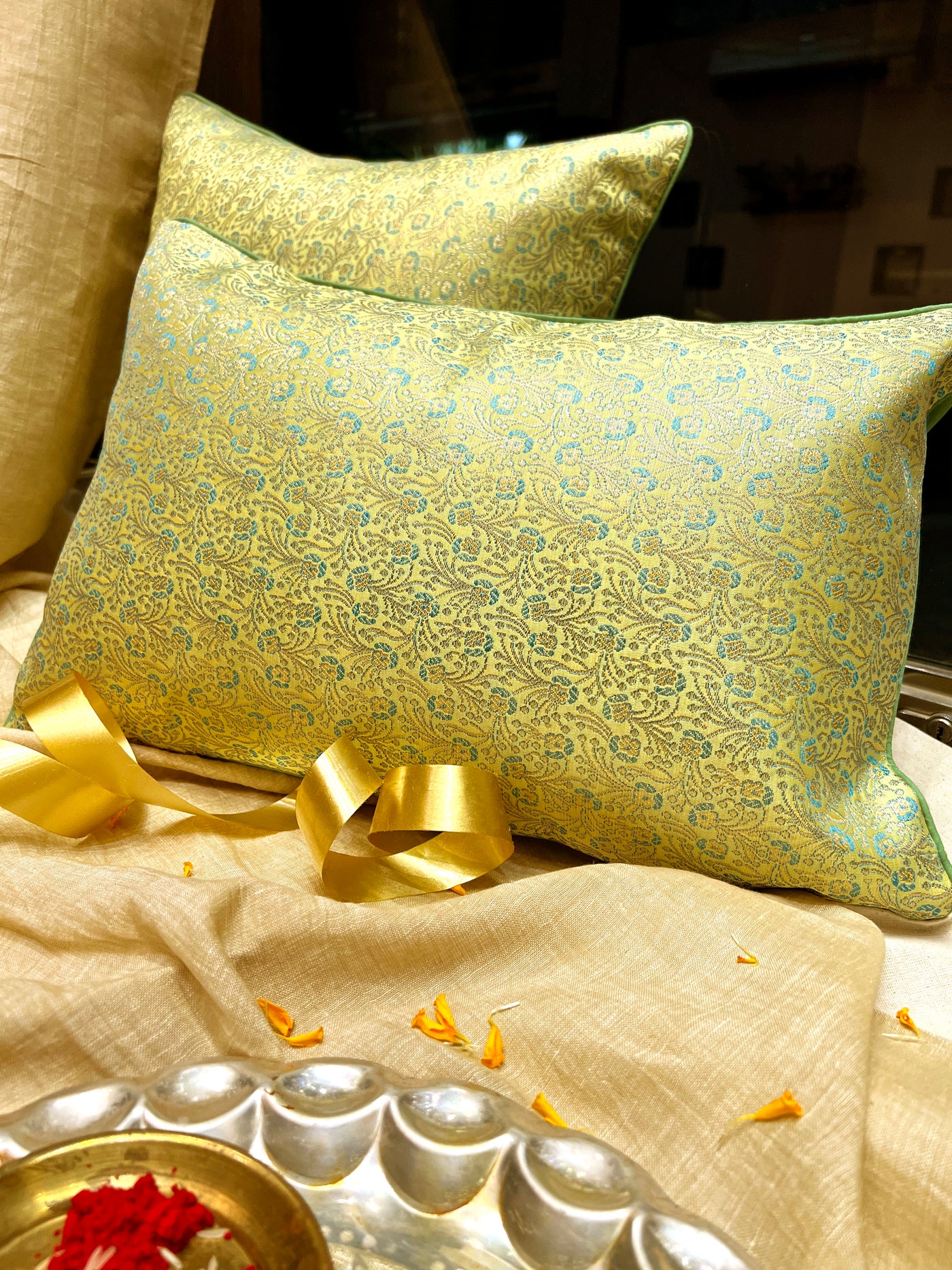 Mint Gold Brocade – Blended Silk Cushion Cover