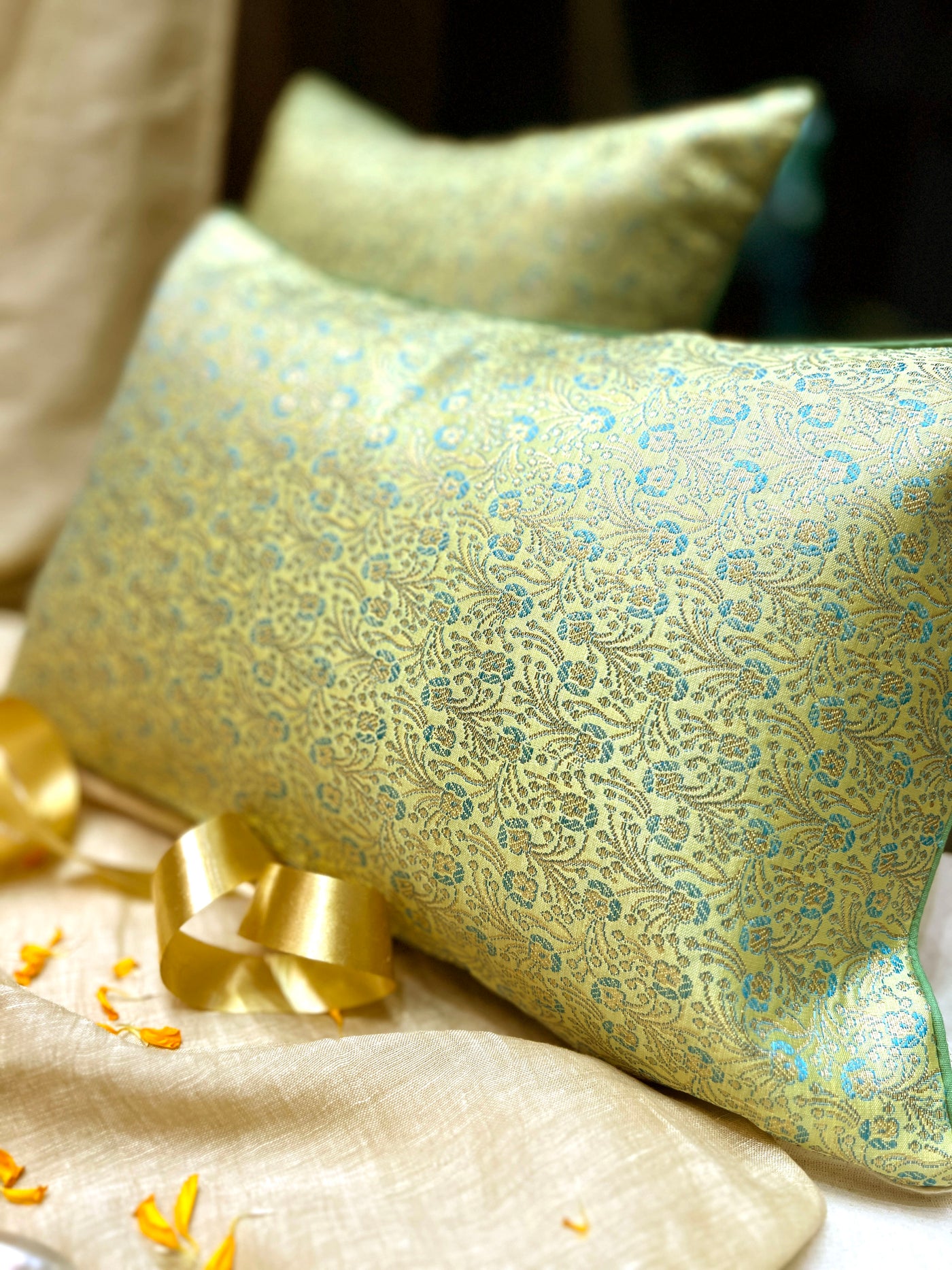 Mint Gold Brocade – Blended Silk Cushion Cover