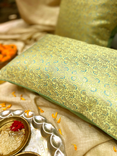 Mint Gold Brocade – Blended Silk Cushion Cover