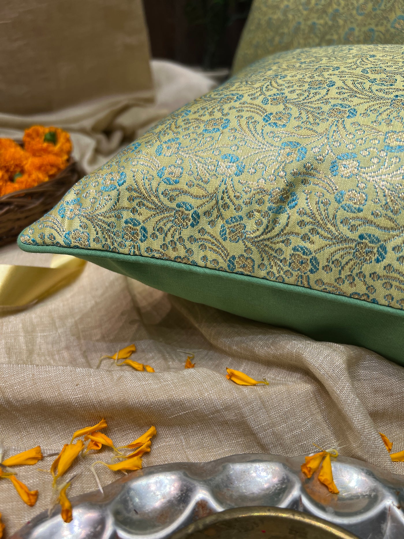 Emerald Mist – Silk Blend Brocade Cushion Cover