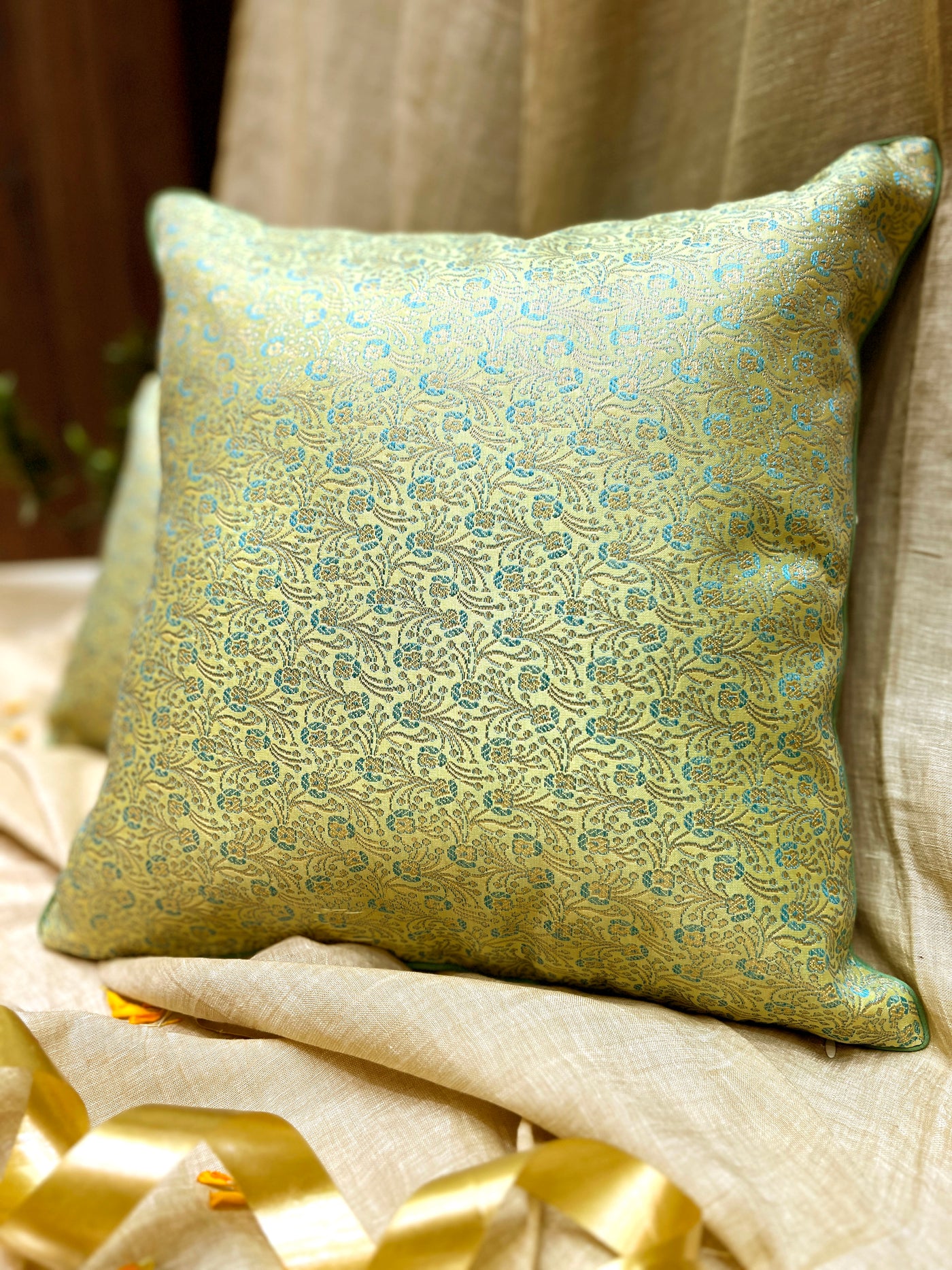 Emerald Mist – Silk Blend Brocade Cushion Cover
