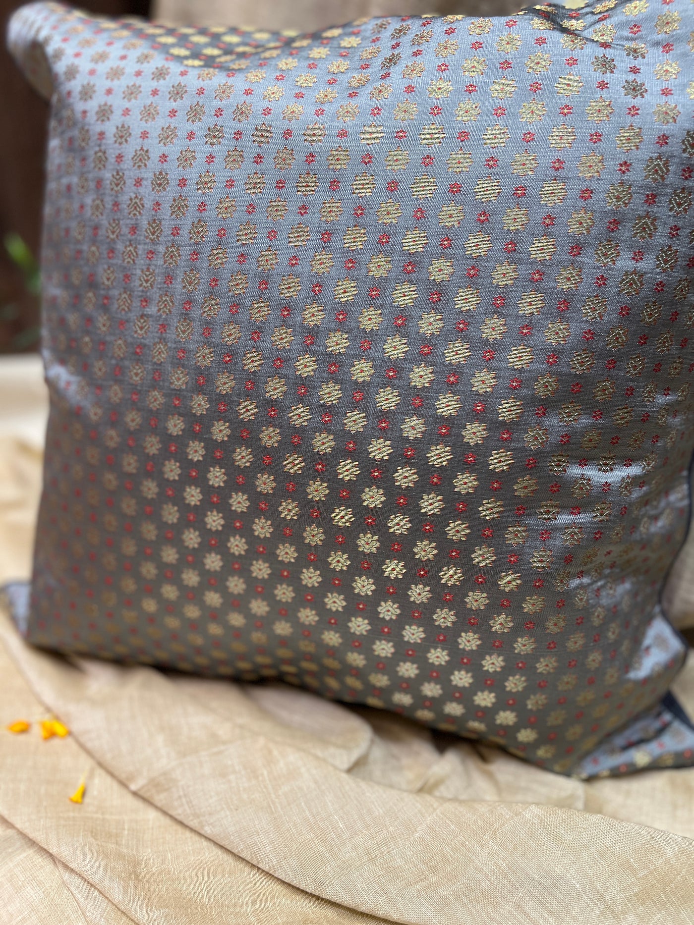 Charcoal Grey Blended Silk Brocade Cushion Cover with Zari Buta