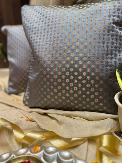 Charcoal Grey Blended Silk Brocade Cushion Cover with Zari Buta