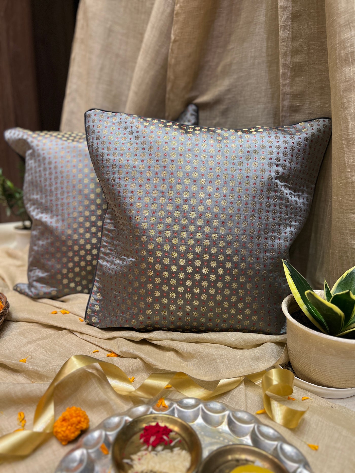 Charcoal Grey Blended Silk Brocade Cushion Cover with Zari Buta