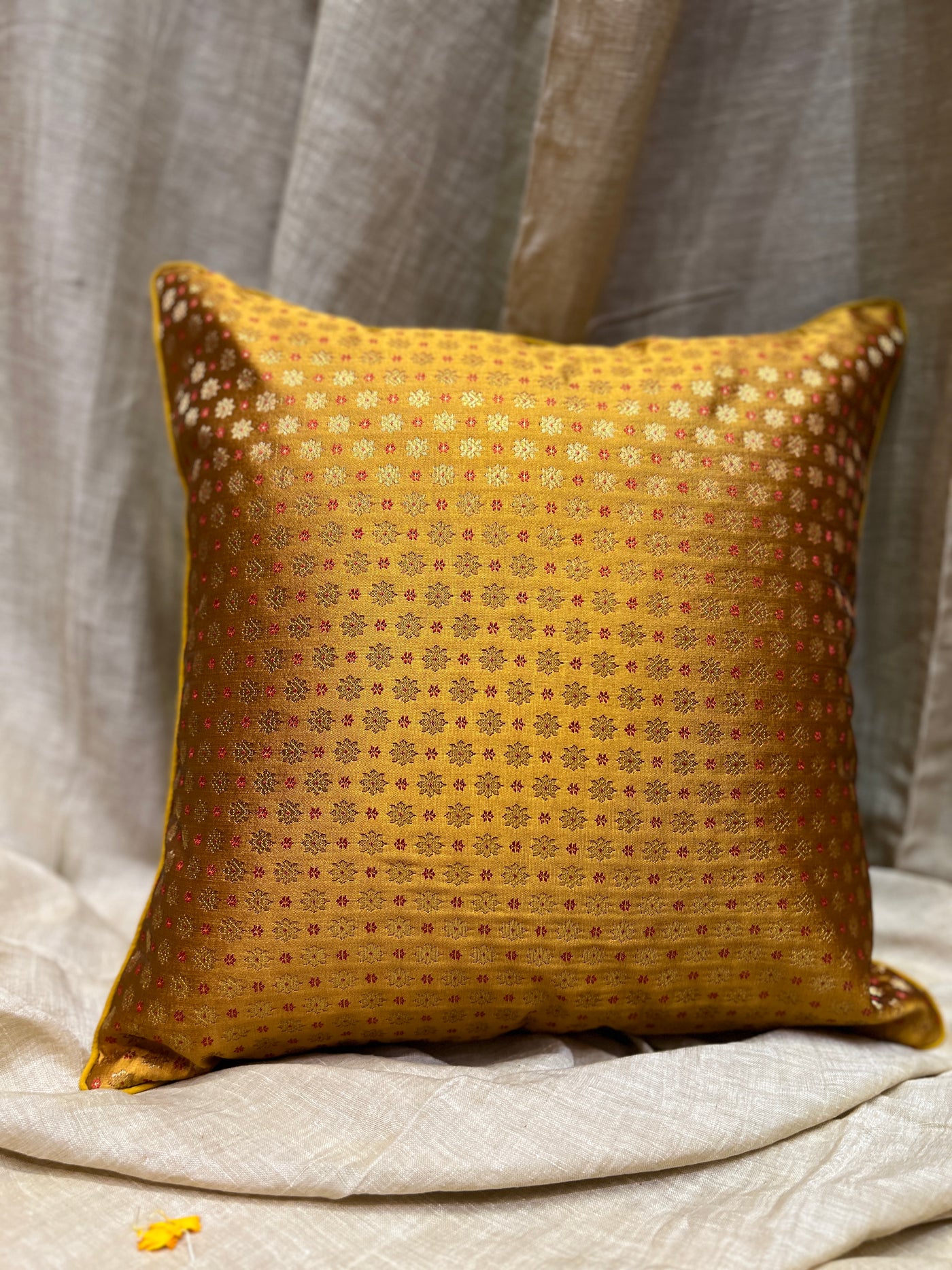 Golden Blended Silk Brocade Cushion Cover with Zari Buta