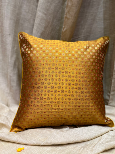 Golden Blended Silk Brocade Cushion Cover with Zari Buta