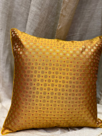 Golden Blended Silk Brocade Cushion Cover with Zari Buta