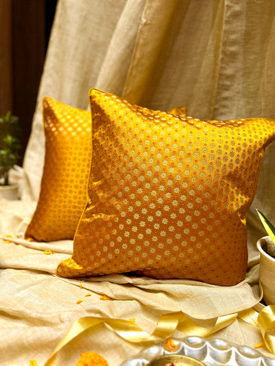 Golden Blended Silk Brocade Cushion Cover with Zari Buta