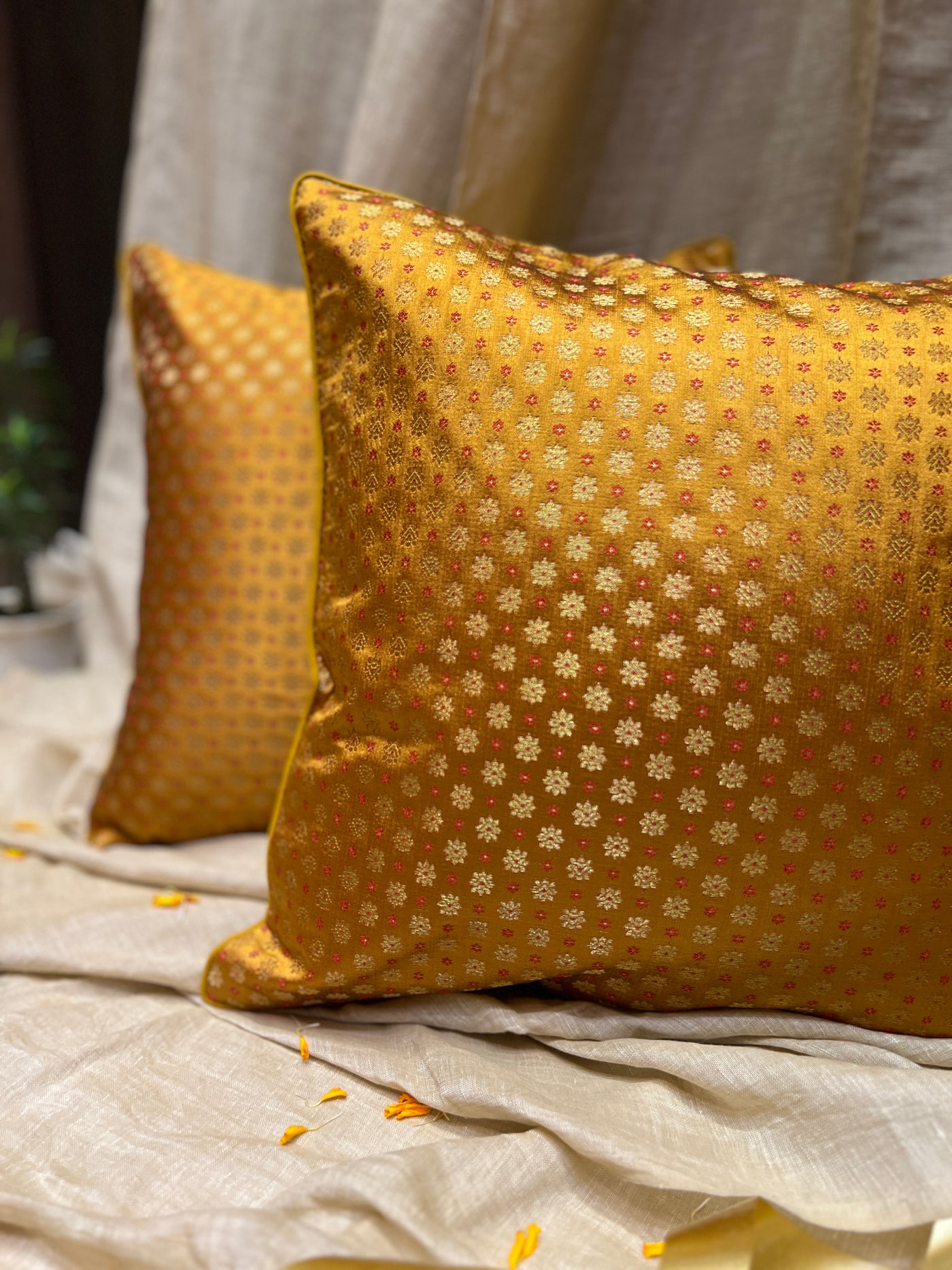 Golden Blended Silk Brocade Cushion Cover with Zari Buta