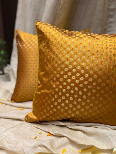 Golden Blended Silk Brocade Cushion Cover with Zari Buta