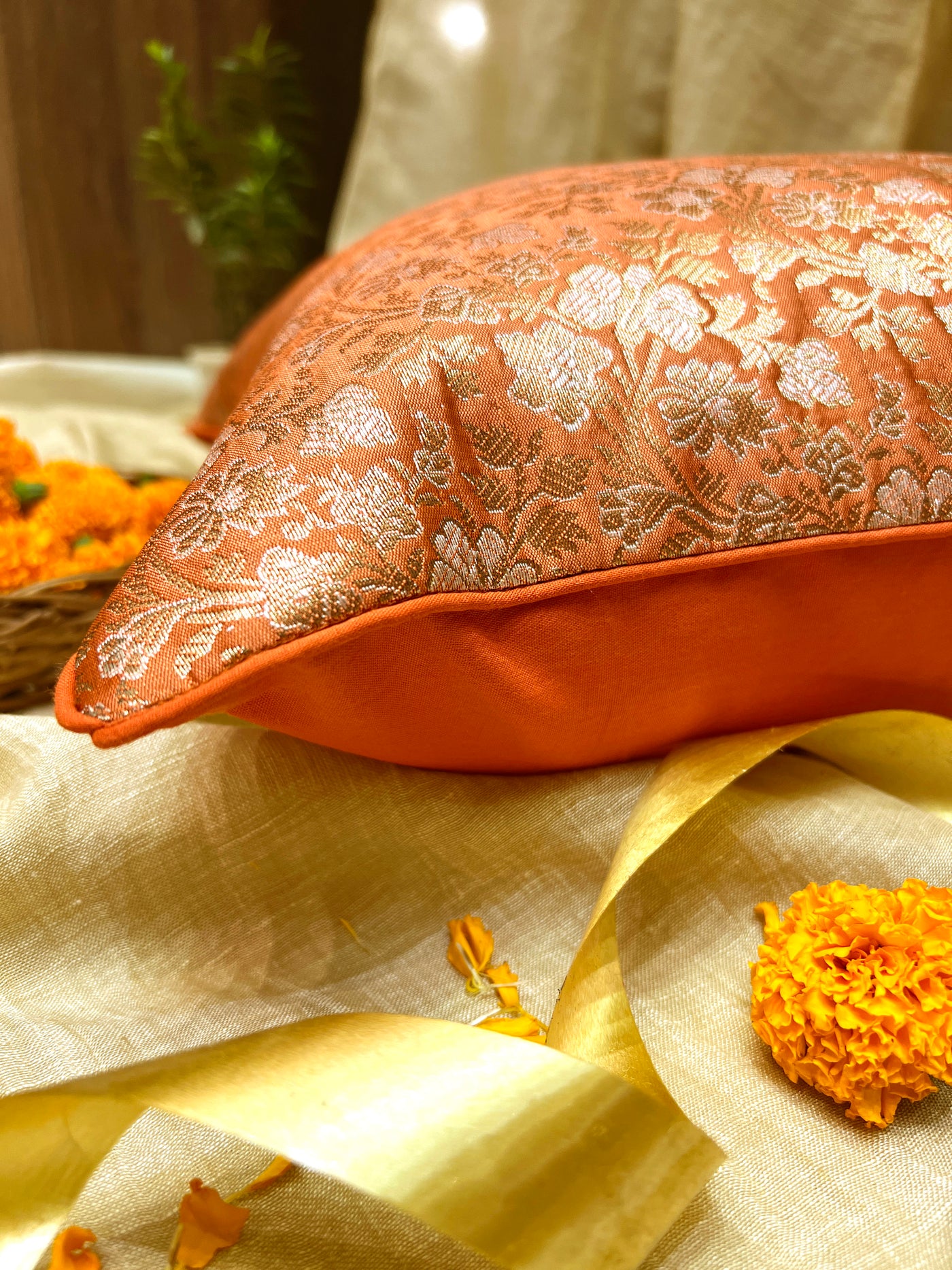 Terracotta Blended Silk Brocade Cushion Cover with Floral Zari Work