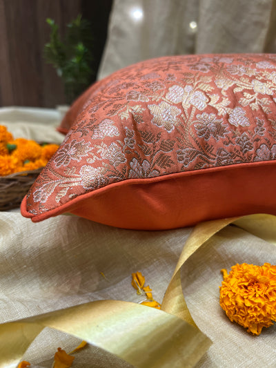 Terracotta Blended Silk Brocade Cushion Cover with Floral Zari Work