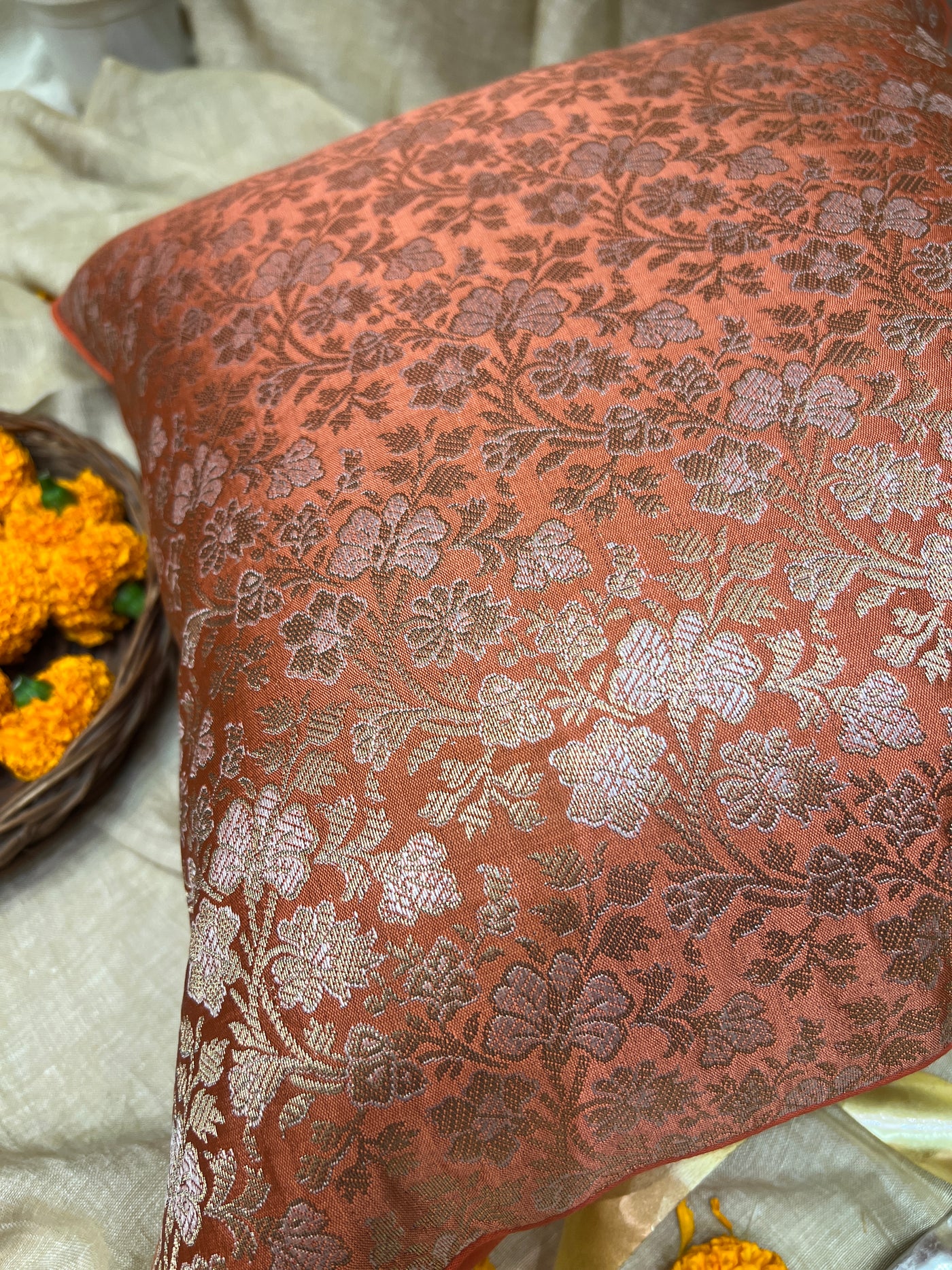 Terracotta Blended Silk Brocade Cushion Cover with Floral Zari Work