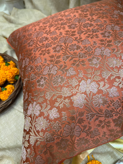 Terracotta Blended Silk Brocade Cushion Cover with Floral Zari Work