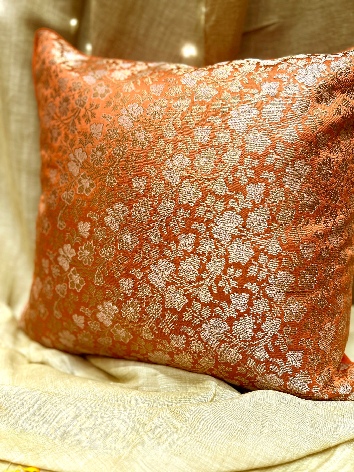 Terracotta Blended Silk Brocade Cushion Cover with Floral Zari Work