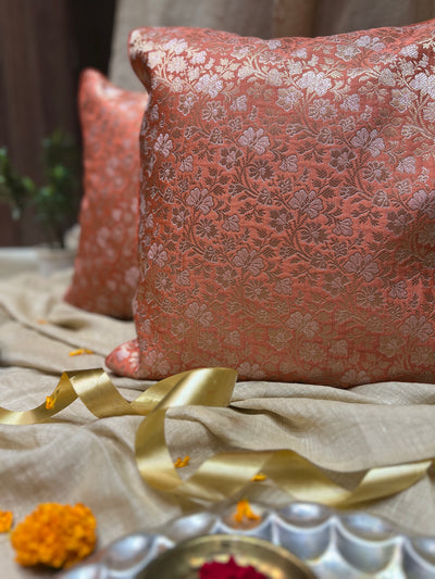 Terracotta Blended Silk Brocade Cushion Cover with Floral Zari Work