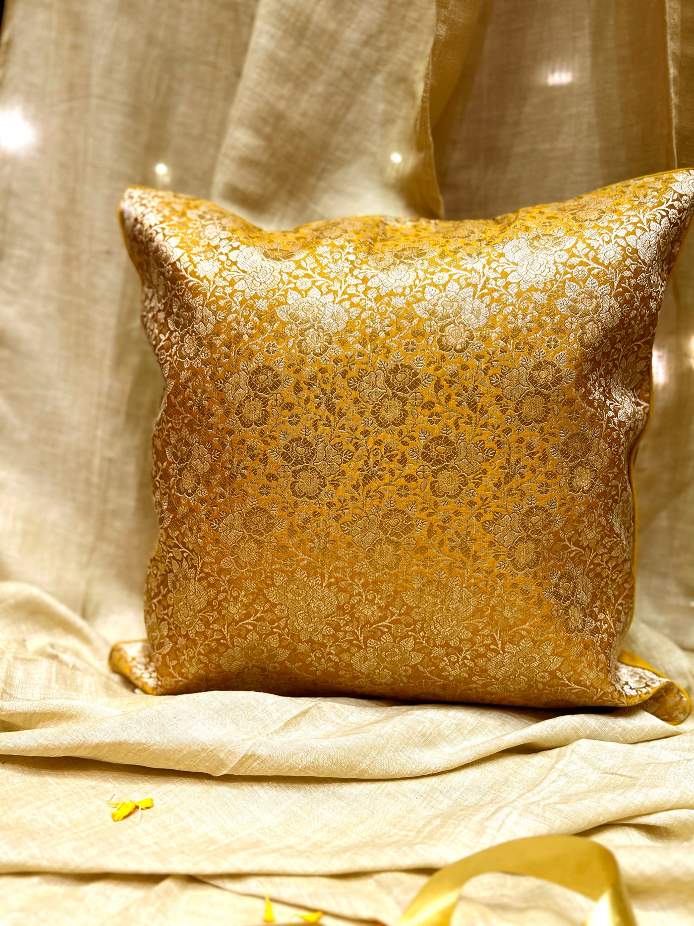 Gold Blended Silk Brocade Cushion Cover with Floral Zari Weave