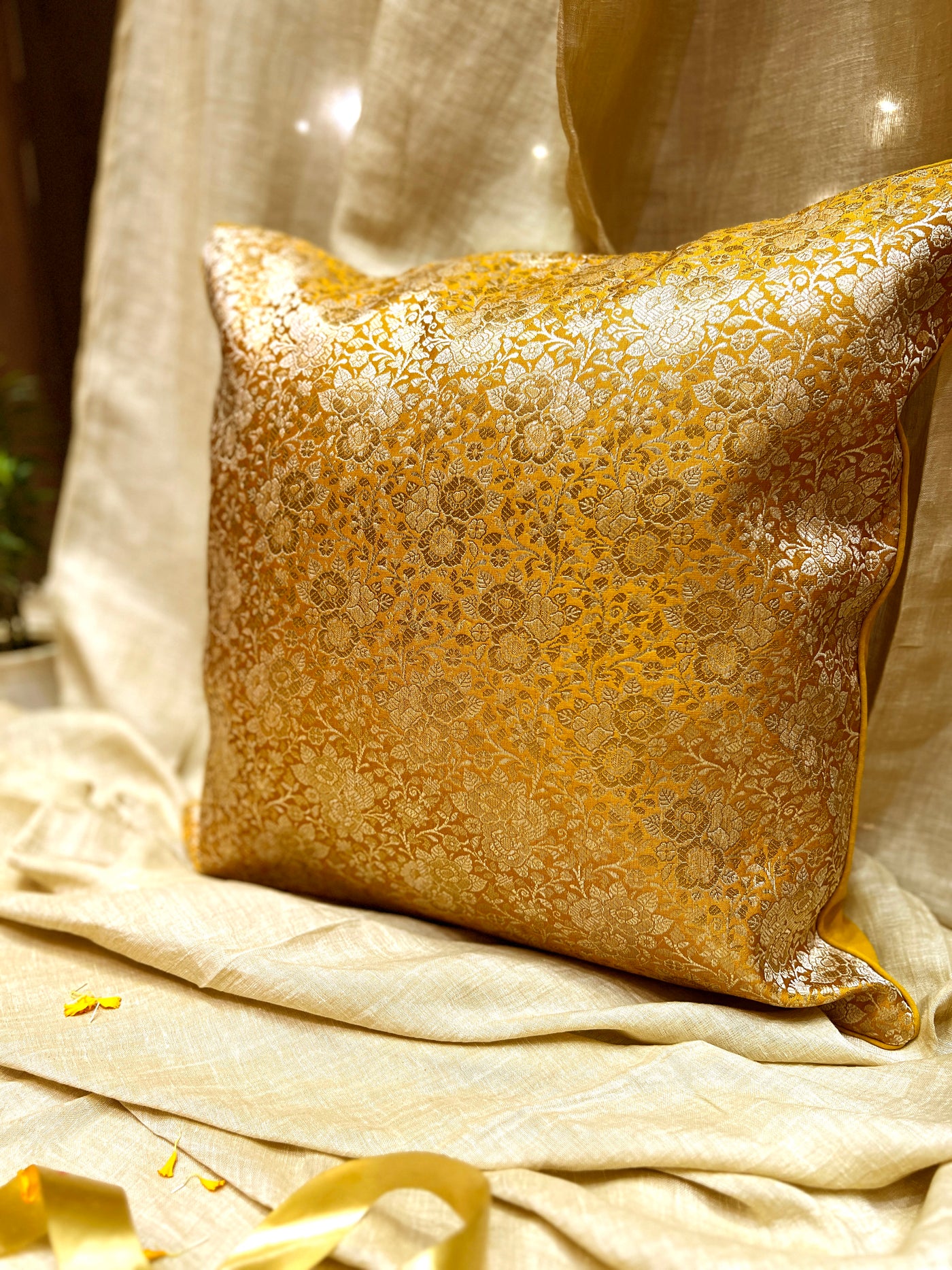 Gold Blended Silk Brocade Cushion Cover with Floral Zari Weave