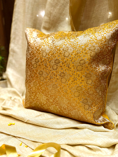 Gold Blended Silk Brocade Cushion Cover with Floral Zari Weave