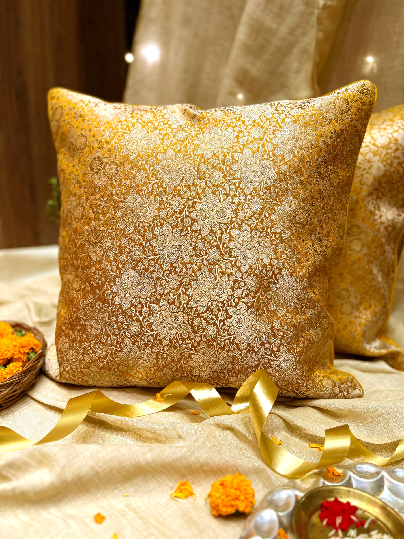 Gold Blended Silk Brocade Cushion Cover with Floral Zari Weave