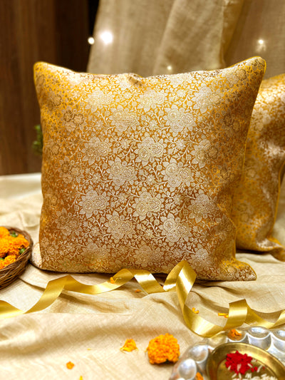 Gold Blended Silk Brocade Cushion Cover with Floral Zari Weave