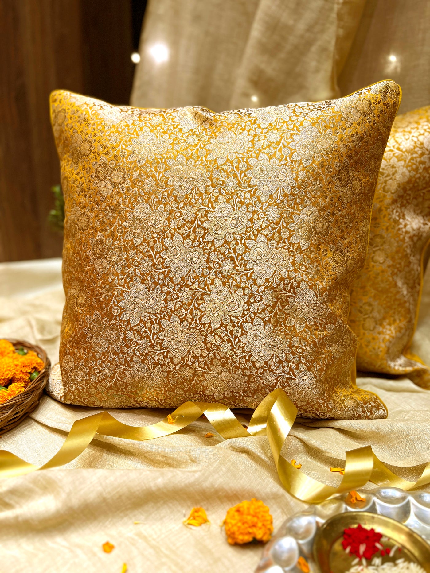Gold Blended Silk Brocade Cushion Cover with Floral Zari Weave