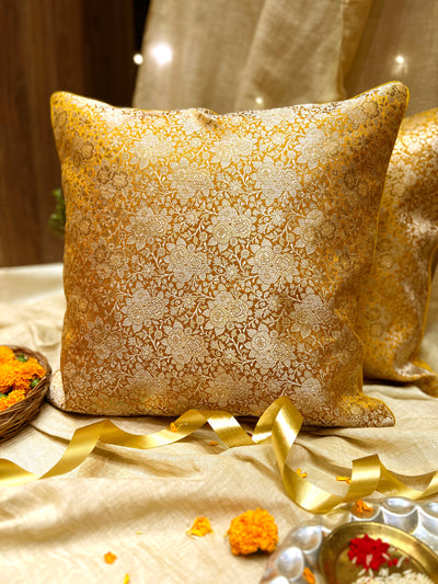 Gold Blended Silk Brocade Cushion Cover with Floral Zari Weave