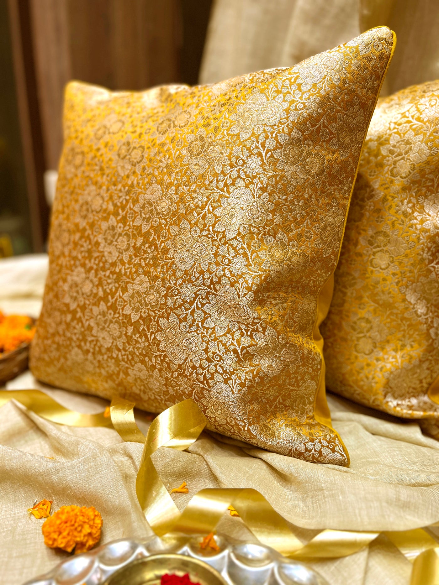 Gold Blended Silk Brocade Cushion Cover with Floral Zari Weave