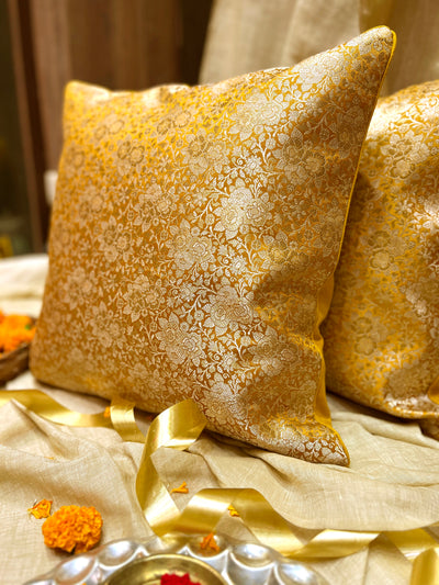 Gold Blended Silk Brocade Cushion Cover with Floral Zari Weave