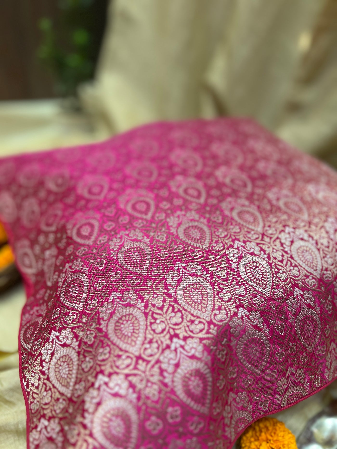 Magenta Blended Silk Brocade Cushion Cover with Paisley Zari Design