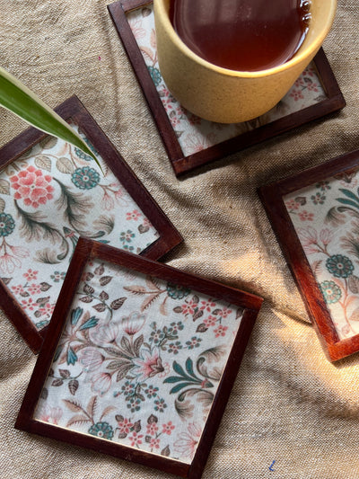 Flowery Coasters - SET OF 4 PCS  with Coaster Holder